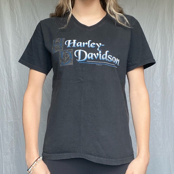Harley Davidson 1998 Vintage Rare Medium Black Short Sleeve V-Neck Shirt - Picture 6 of 7
